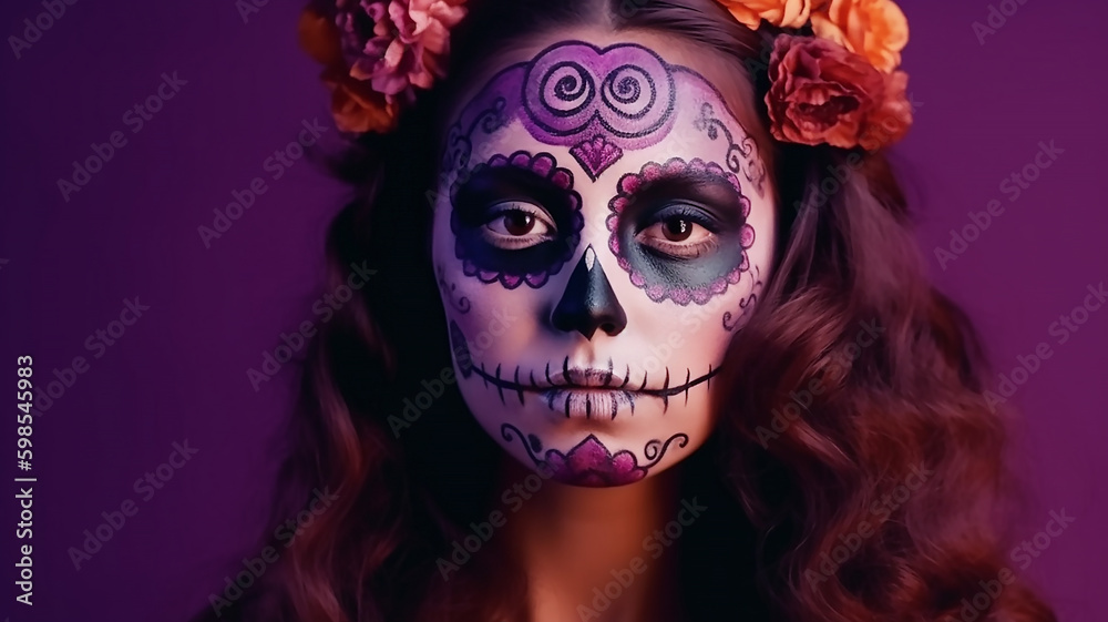 Portrait of a woman with sugar skull makeup over red background, Halloween costume and make-up , generative ai tools Portrait of a woman with sugar skull makeup over red background, Halloween costume and make-up , generative ai tools