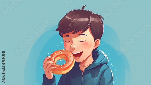 Little happy cute boy eats a donut on a blue wall background, generative ai tools 