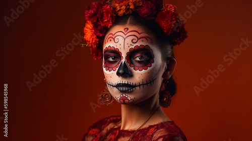 Portrait of a woman with sugar skull makeup over red background, Halloween costume and make-up , generative ai tools 