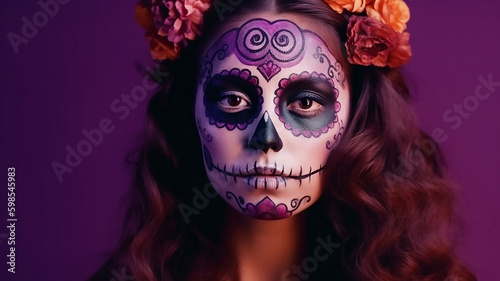 Portrait of a woman with sugar skull makeup over red background  Halloween costume and make-up   generative ai tools 