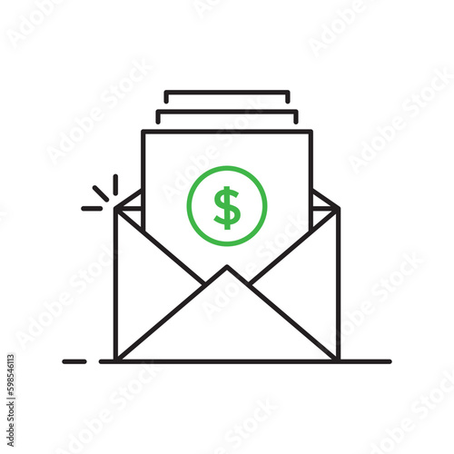 linear open letter like income flow. flat simple stroke style trend modern logotype graphic line art design isolated on white. concept of mail with document and paper or online remittance or dispatch