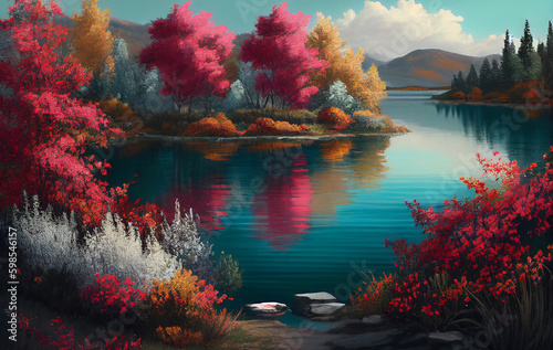 A Tranquil Lake, Cradled by Nature's Palette of Beautiful Colors, as Vibrant Flowers Paint the Water landscape with Their Mesmerizing Beauty and Fragrant Whispers - AI Generated