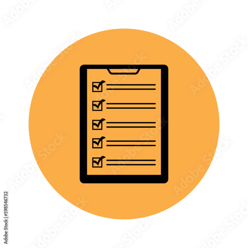 Checklist icon with check marks on orange background. Checklist with checkmarks on an orange background in the form of a circle. Clipboard with checklist and check marks