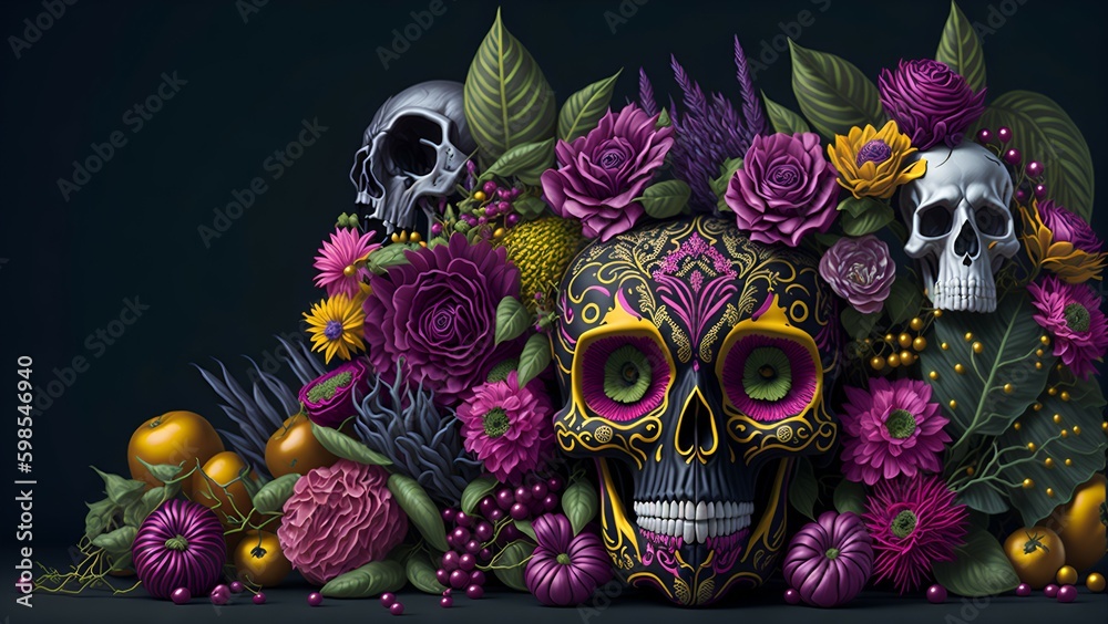 Mexican skull calavera surrounded by poetic ornamental flowers. Dia de los Muertos. Generative AI illustration