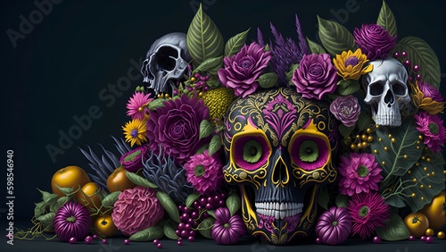 Mexican skull calavera surrounded by poetic ornamental flowers. Dia de los Muertos. Generative AI illustration