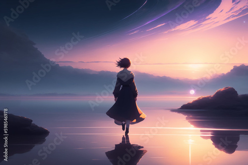 Anime girl standing in the middle looking at the river. Generative AI