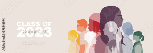 Congratulations Graduates! Class 2023. Children of different ethnicities stand side by side together.