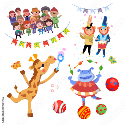 Set of cute circus animals. Hippo juggler  musician monkeys  giraffe with soap bubbles  cloud. Cartoon style illustration. Isolated character for design on white background. Vector illustration.