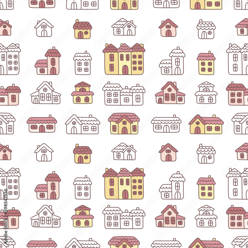 Seamless town pattern. Endless background with cute houses. Doodle art. A simple repeating print for baby clothes, wallpaper or bedding. Illustrations for the design of a kids bedroom or nursery.