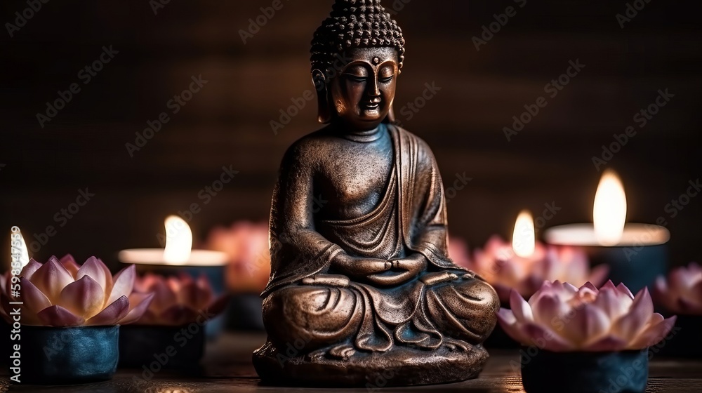 Buddha statue in reflection with lotus blossom and burning candles. Creative resource, AI Generated Buddha statue in reflection with lotus blossom and burning candles. Creative resource, AI Generated