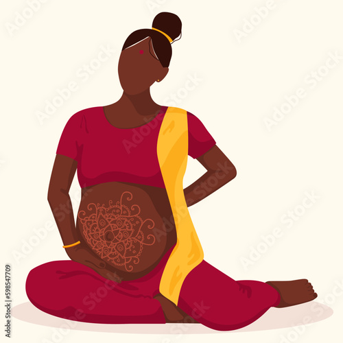 Yoga pregnuncy.Indian beautiful pregnant woman sitting with mandala,stretching. Generative AI