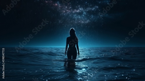 Chart of incline lady standing in sea at night and moving to cloud white shimmering space. Creative resource, AI Generated