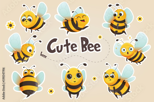 Cute bee set. A flat cartoon design featuring a set of cute bees in various poses and expressions. Vector illustration. © Andrey