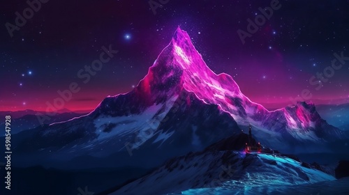 Speculative, innovative orchestrate for view, foundation and standard with pink neon triangle on crest of cold mountain at night with starry blue purple sky. Creative resource, AI Generated © Denys