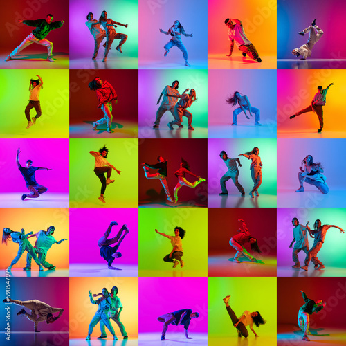 Collage. Diverse young people  male and female hip-hop  freestyle dancers performing against multicolored background in neon light. Concept of contemporary dance style  youth  hobby  action and motion