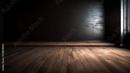 Cleanse light somber divider with shocking chiaroscuro and wooden floor. Empower establishment for thing presentation. Creative resource, AI Generated