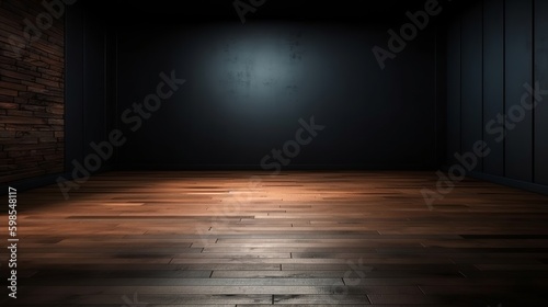 Cleanse light somber divider with stunning chiaroscuro and wooden floor. Enable foundation for thing introduction. Creative resource, AI Generated © Denys