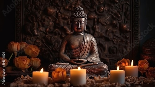 Buddha statue in reflection with lotus bloom and burning candles. Creative resource, AI Generated