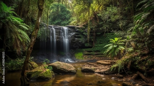 waterfall in a tropical wild. Creative resource  AI Generated