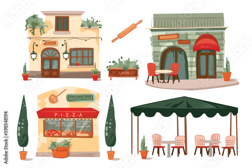 Italian restaurant set. A flat, cartoon-style design featuring a set of Italian restaurant elements including pasta, pizza, wine, and other traditional Italian cuisine items. Vector illustration.