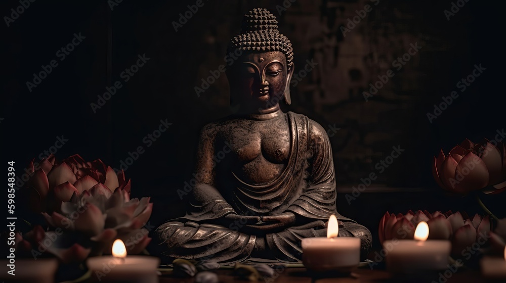 Buddha statue in reflection with lotus blossom and burning candles. Creative resource, AI Generated