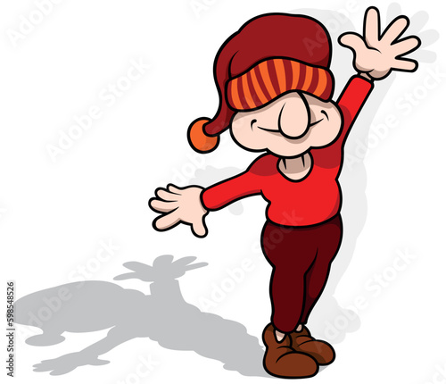 Funny Leprechaun in Red Clothes with a Cap on his Head and Raised Hand