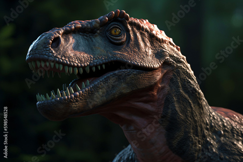 portrait of an aggressive t rex with open mouth, generative ai © overrust