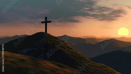 Cross silhouette on the top of a mountaintop with a sunset background. Generative AI