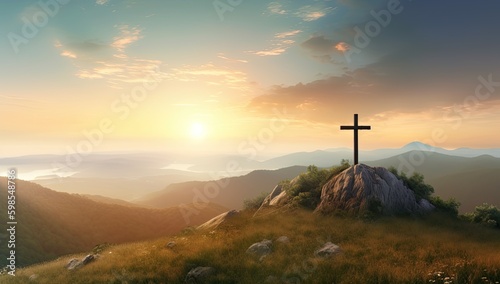 Cross silhouette on the top of a mountaintop with a sunset background. Generative AI