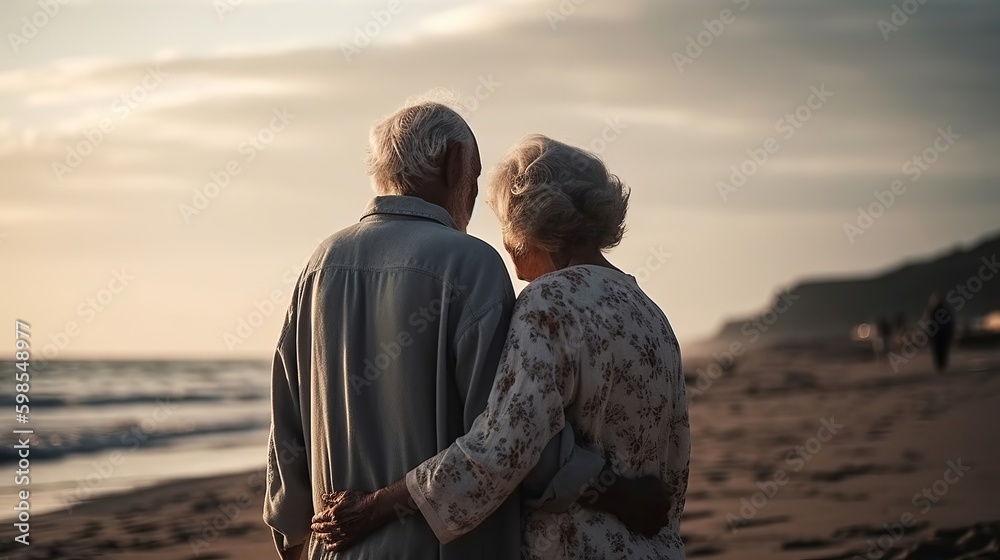 Cherish, back and senior couple on a shoreline, get a handle on and holding for relationship, summer occasion and marriage. Creative resource, AI Generated
