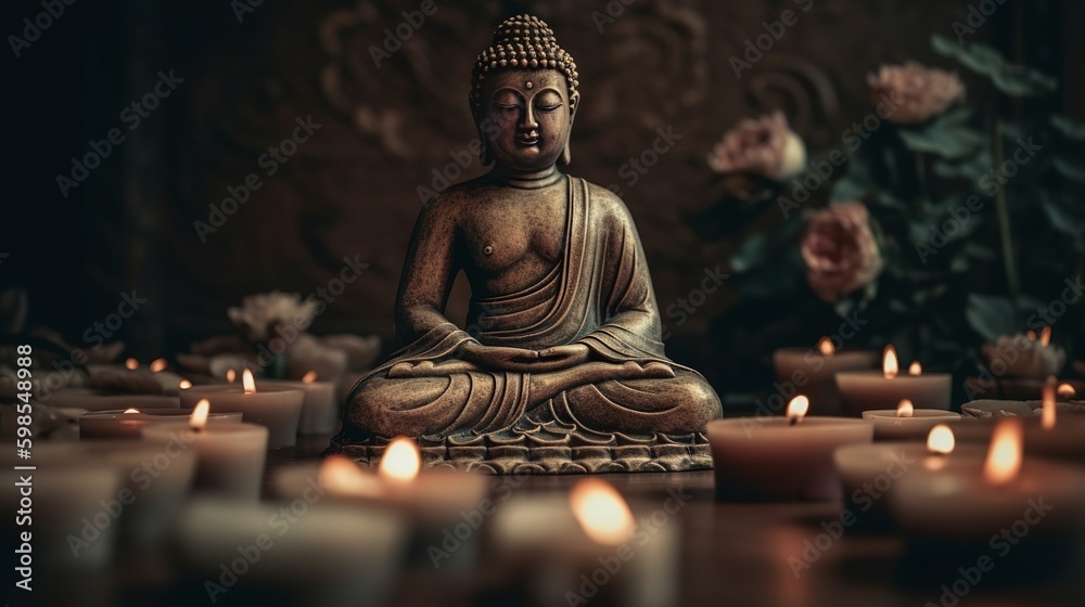 Buddha statue in reflection with lotus develop and burning candles. Creative resource, AI Generated