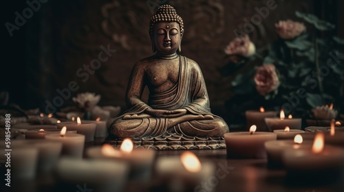 Buddha statue in reflection with lotus develop and burning candles. Creative resource  AI Generated