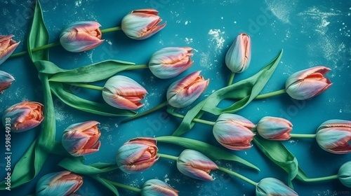 Creative organize made of spring tulip makes on blue paper foundation. Creative resource, AI Generated