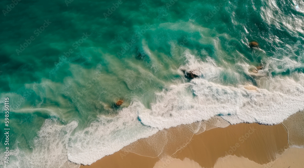 Obraz premium Aerial view of a beach with turquoise water. Generative AI