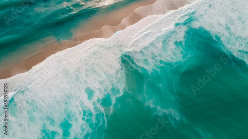 Aerial view of a beach with turquoise water. Generative AI