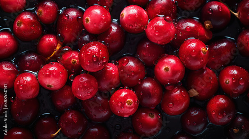 Fresh ripe lingonberry with water drops background. Berries backdrop. Generative AI photo