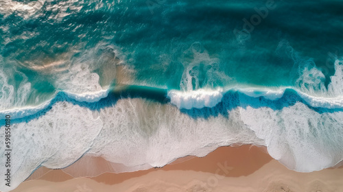 Aerial view of a beach with turquoise water. Generative AI