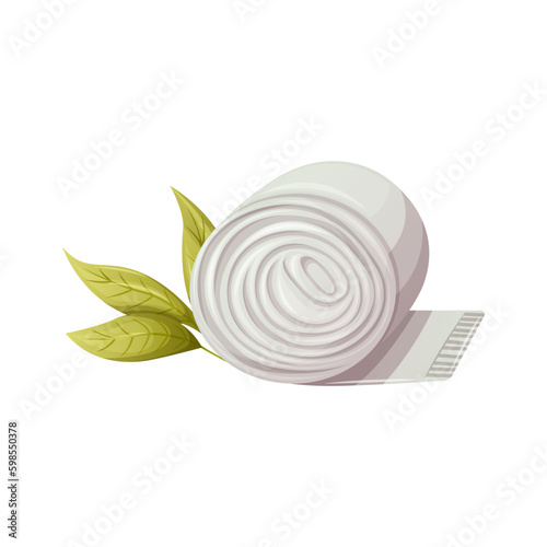 Rolled up bath towel. Side view. Twig with green leaves. The concept of spa, relaxation. Cartoon style. Trendy vector illustration.
