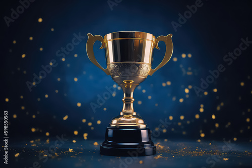 champion golden trophy with dark background copy space , AI © yurakrasil
