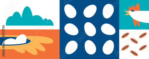 A set of illustrations for the design and printing of packaging, labels, stickers. Farm for the production of chicken and eggs. Natural poultry farm products. Growing chickens in eco conditions.