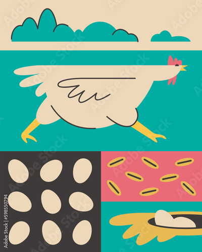 A set of illustrations for the design and printing of packaging, labels. Poultry farm producing natural products for cooking. Growing chickens in eco conditions. Pasture for hens. Domestic eggs.