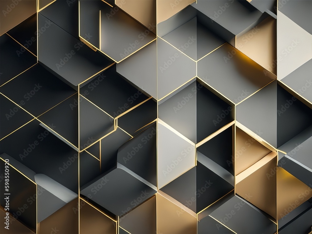 Dimensional Elegance: 3D Black and Gold Background with Squares and Rectangles. 