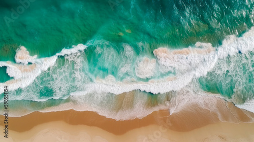Aerial view of a wild beach with turquoise water. Generative AI © Farnaces