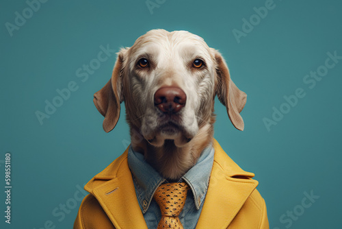 Cinematic Dog in Suit: Charming Comedy Animal Portrait with Character, Atmospheric Design in Background, Cute Illustration for Dog Lovers