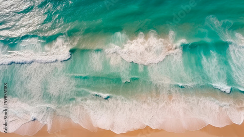 Aerial view of a wild beach with turquoise water. Generative AI