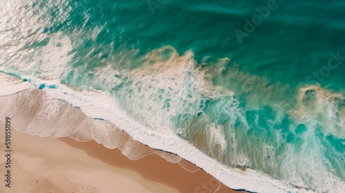 Aerial view of a wild beach with turquoise water. Generative AI