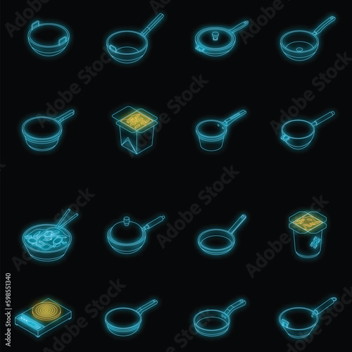 Wok frying pan icons set. Isometric set of wok frying pan vector icons neon color on black