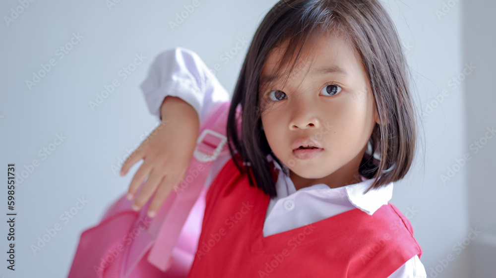 School child with backpack. Kindergarten student, isolated light gray background. Learning and knowledge. Go study and education concept. Happy Asian girl face, positive and smiling emotions. School child with backpack. Kindergarten student, isolated light gray background. Learning and knowledge. Go study and education concept. Happy Asian girl face, positive and smiling emotions.