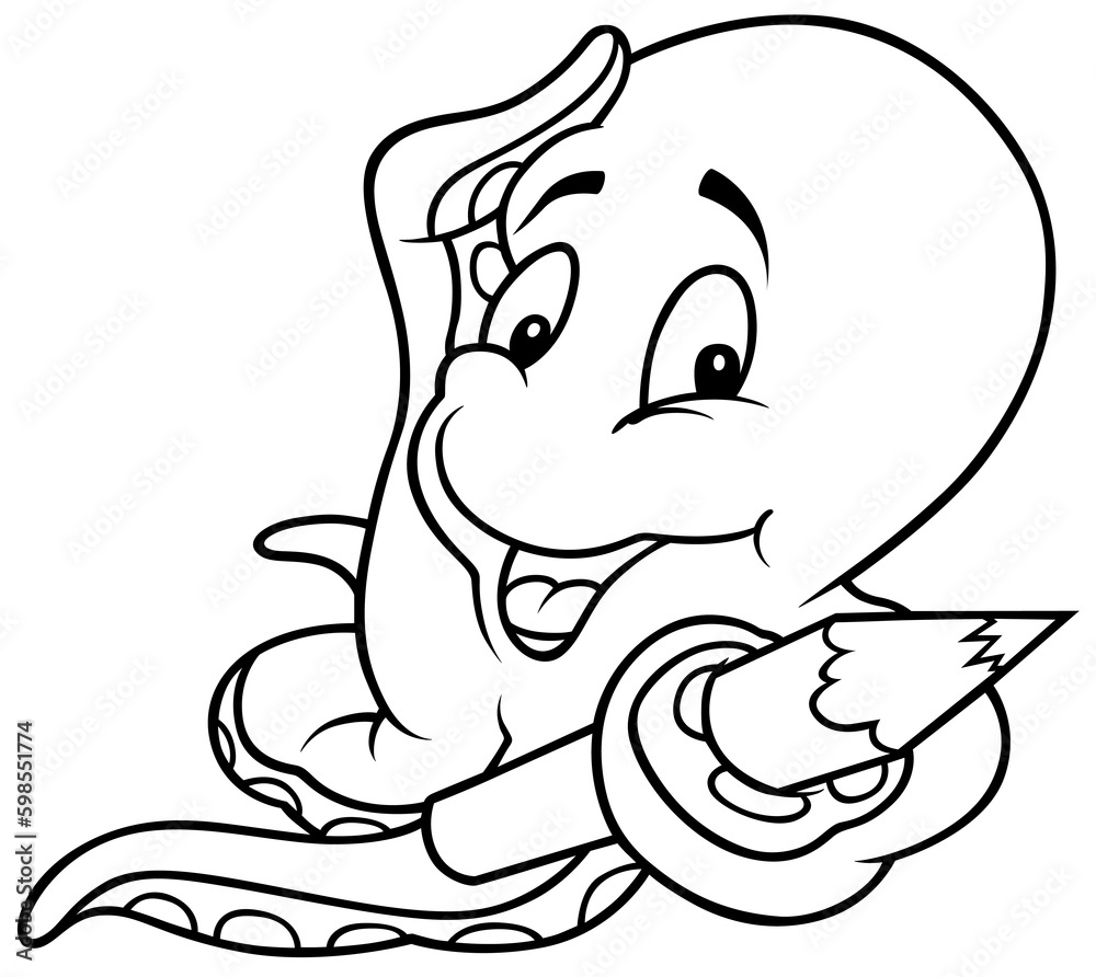 Drawing of a Cute Octopus with a Crayon in a Tentacle Drawing of a Cute Octopus with a Crayon in a Tentacle