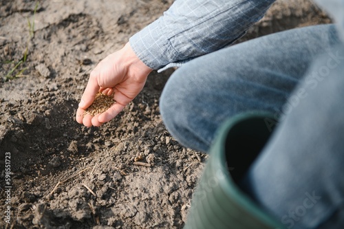 Farmer's hand planting seed in soil